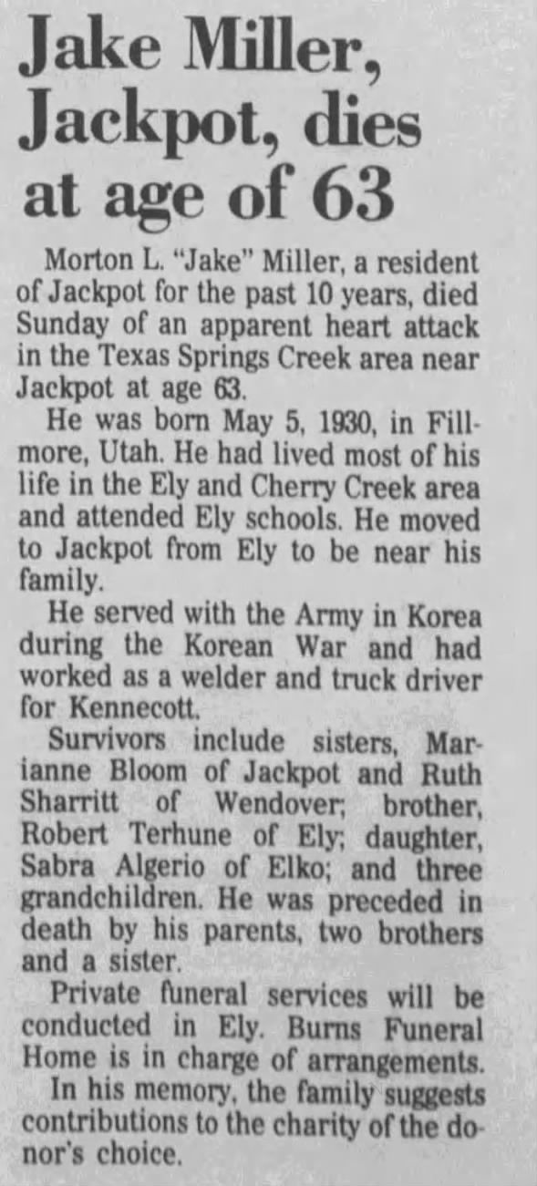 Morton L."Jake" Miller Obit May 1993